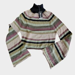 Social Collision Distressed Turtleneck Sweater Women S Olive Tan Striped  New